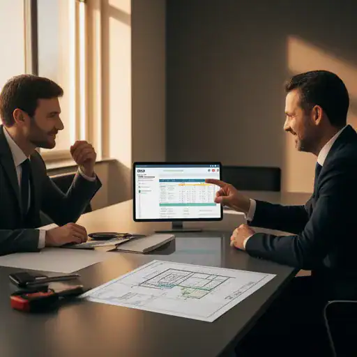 Tecnico che mostra a un cliente la gestione impianti e interventi tramite Zelo ERP