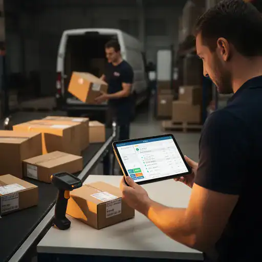 Addetto alle spedizioni con tablet e pacchi pronti in un’area carico ordinata