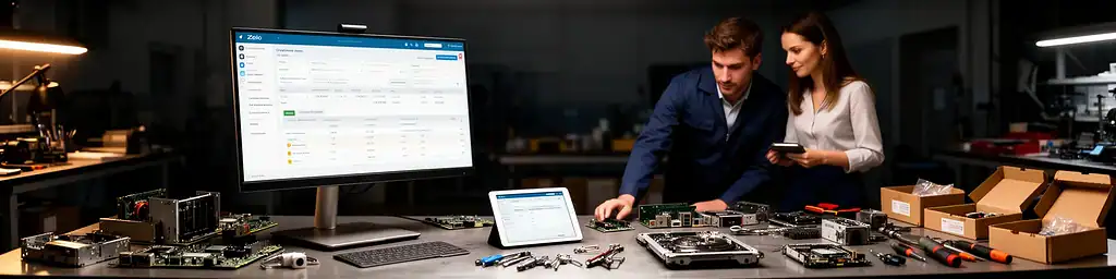 Schermata Zelo ERP su PC e tablet in un laboratorio tecnico dedicato alle riparazioni