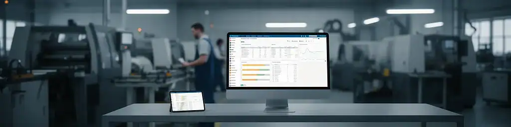 Schermata Zelo ERP su PC in reparto produttivo con gestione produzione e monitoraggio OEE