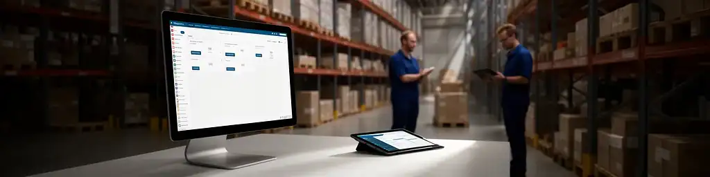 Postazione in magazzino con PC/tablet che mostra la schermata Zelo ERP per gestione magazzino