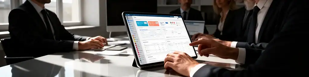 Professionisti in ufficio consultano un gestionale ERP su schermo con moduli operativi e dashboard