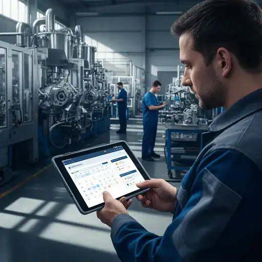 Tecnico manutentore che monitora interventi e attrezzature industriali tramite software ERP