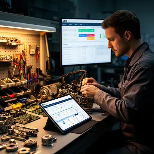 Tecnico in laboratorio con componenti ordinati e gestionale riparazioni Zelo ERP su tablet