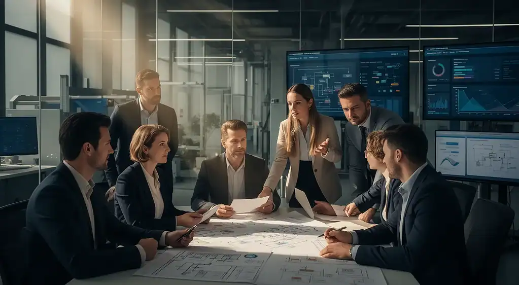 Team di professionisti in un ambiente aziendale moderno mentre analizza processi operativi e dati gestionali.